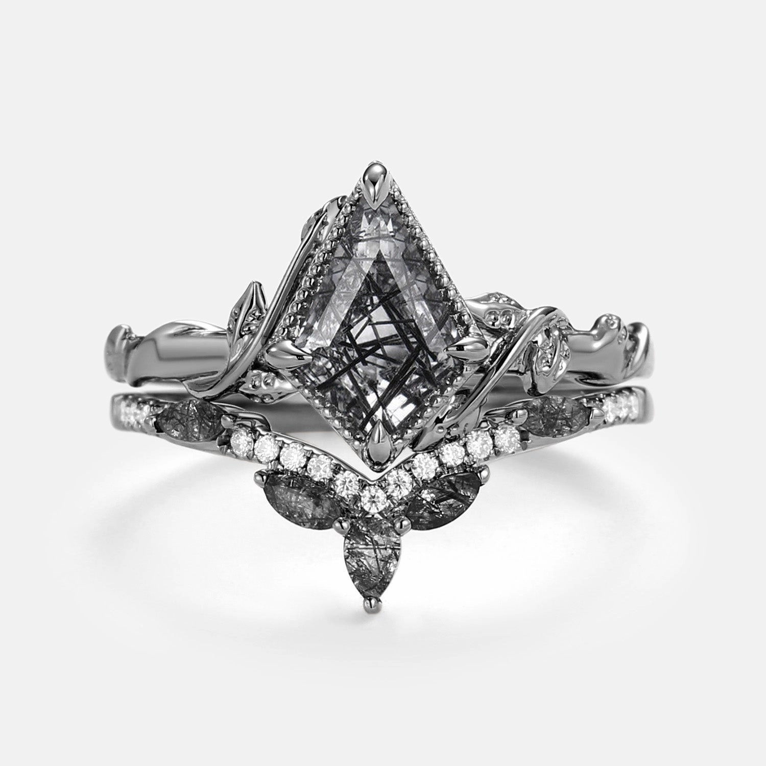 Styled Finish Glamour Finish Kite Cut Black Rutilated Quartz Leafy Engagement Ring Sets 2pcs - Lark