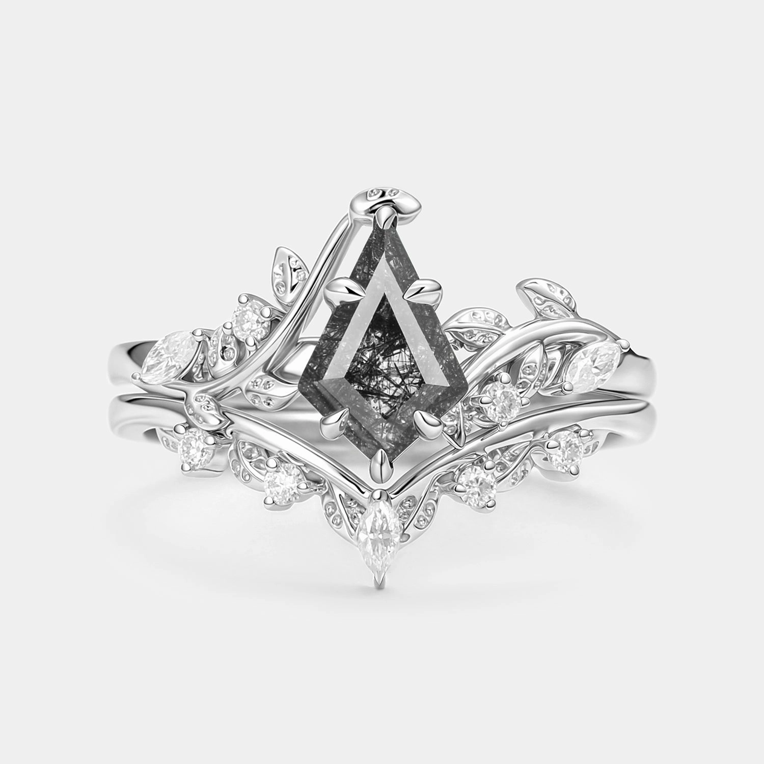 Elegant Pair Kite Cut Black Rutilated Quartz Leafy Engagement Ring Sets 2pcs - Yew