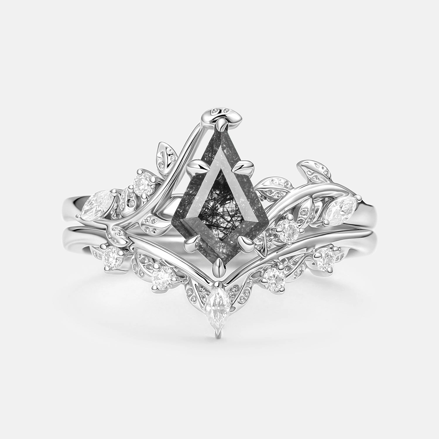 Kite Cut Black Rutilated Quartz Leafy Engagement Ring Sets 2pcs - Yew Charming Sparkle Soft Detail