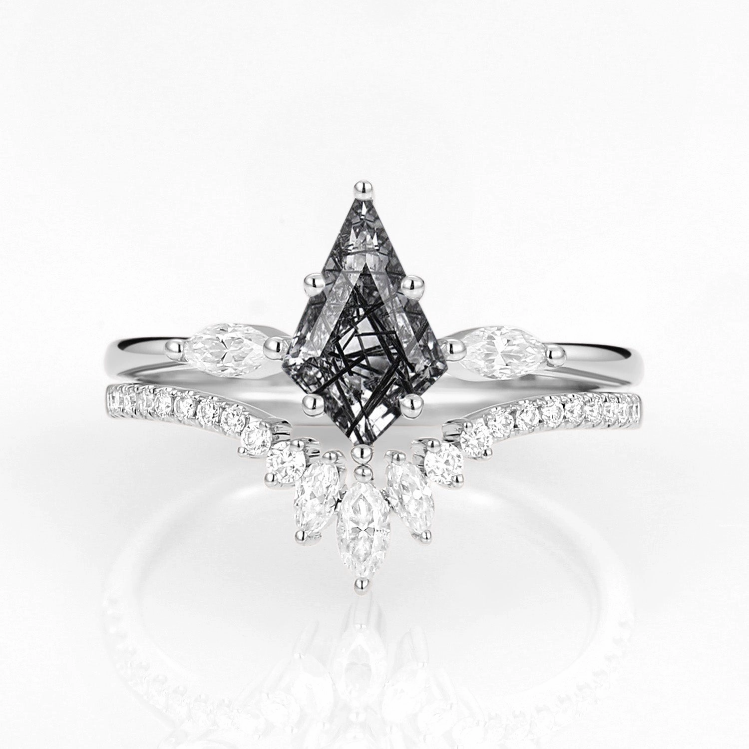 Dazzle Factor Trendy Look Kite Cut Black Rutilated Quartz Ring Set 2pcs - Jream