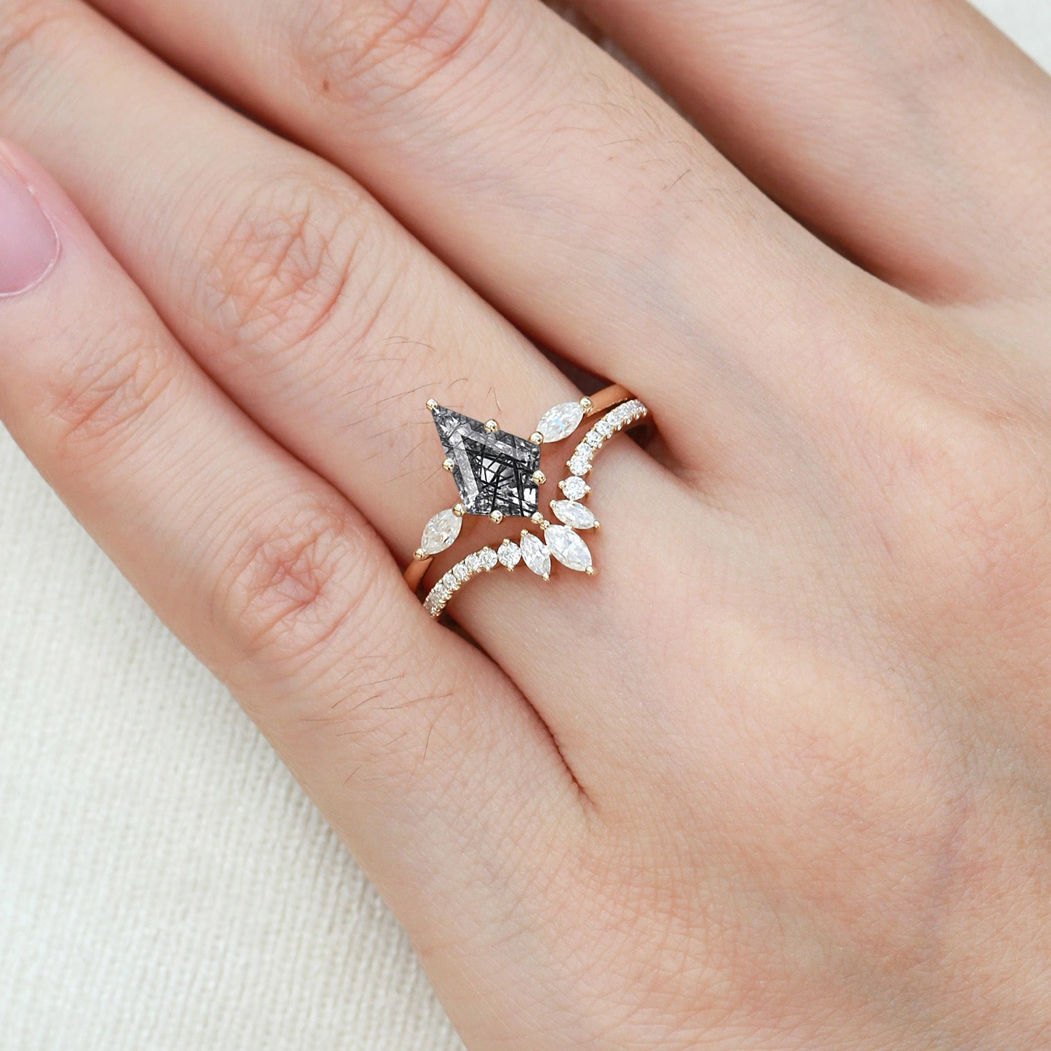 Elegant feature Kite Cut Black Rutilated Quartz Ring Set 2pcs - Jream