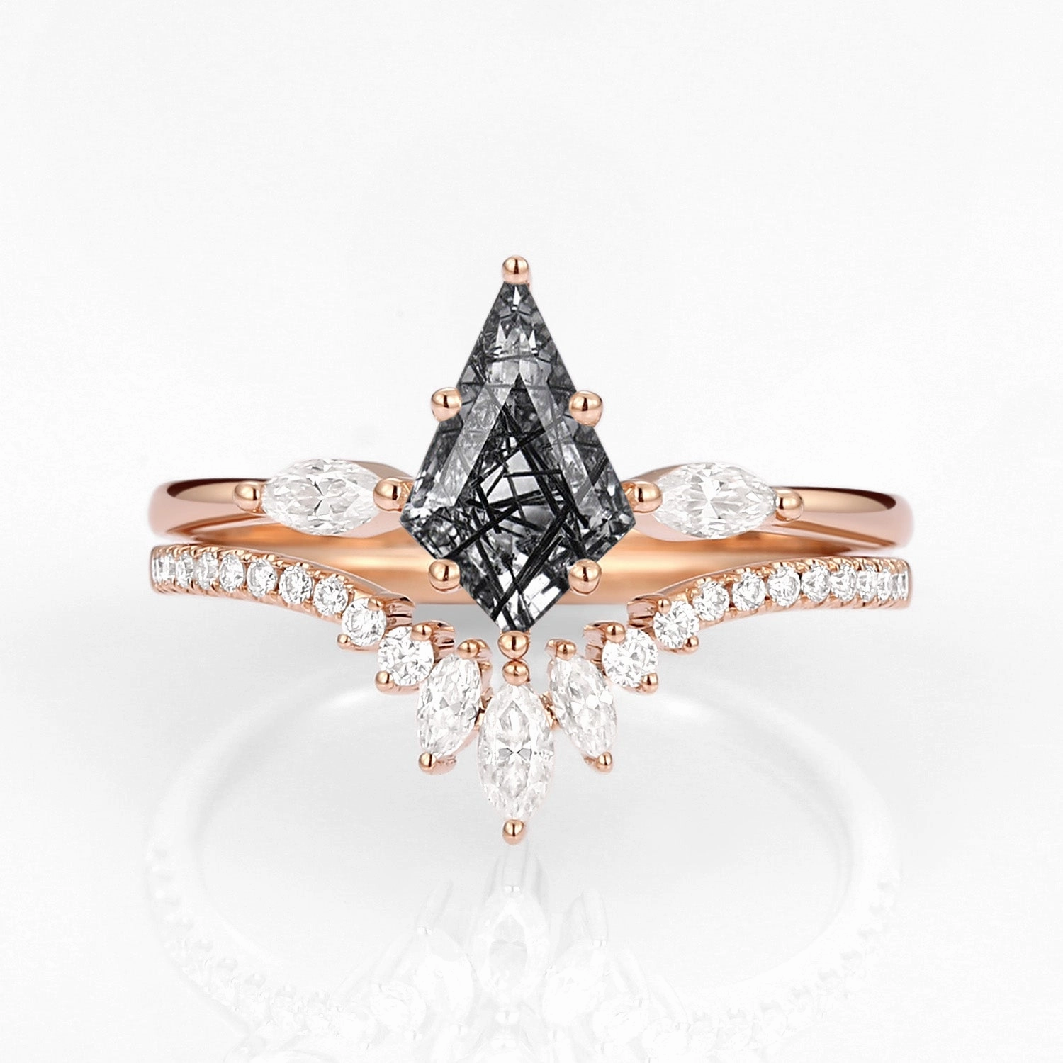 Vibrant Accessories Anniversary Gift Kite Cut Black Rutilated Quartz Ring Set 2pcs - Jream