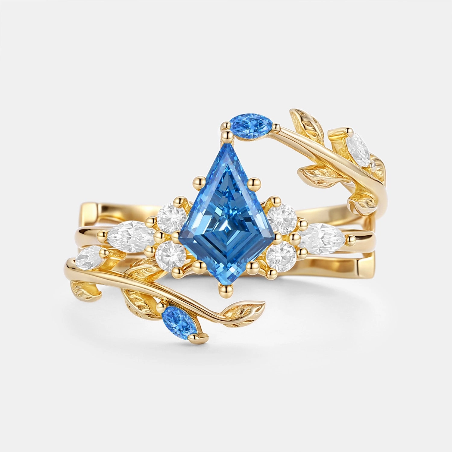 Kite Cut Blue Lab Grown Diamond Leafy Cage Ring Set - Vern Luxe Shine Up Night Ready