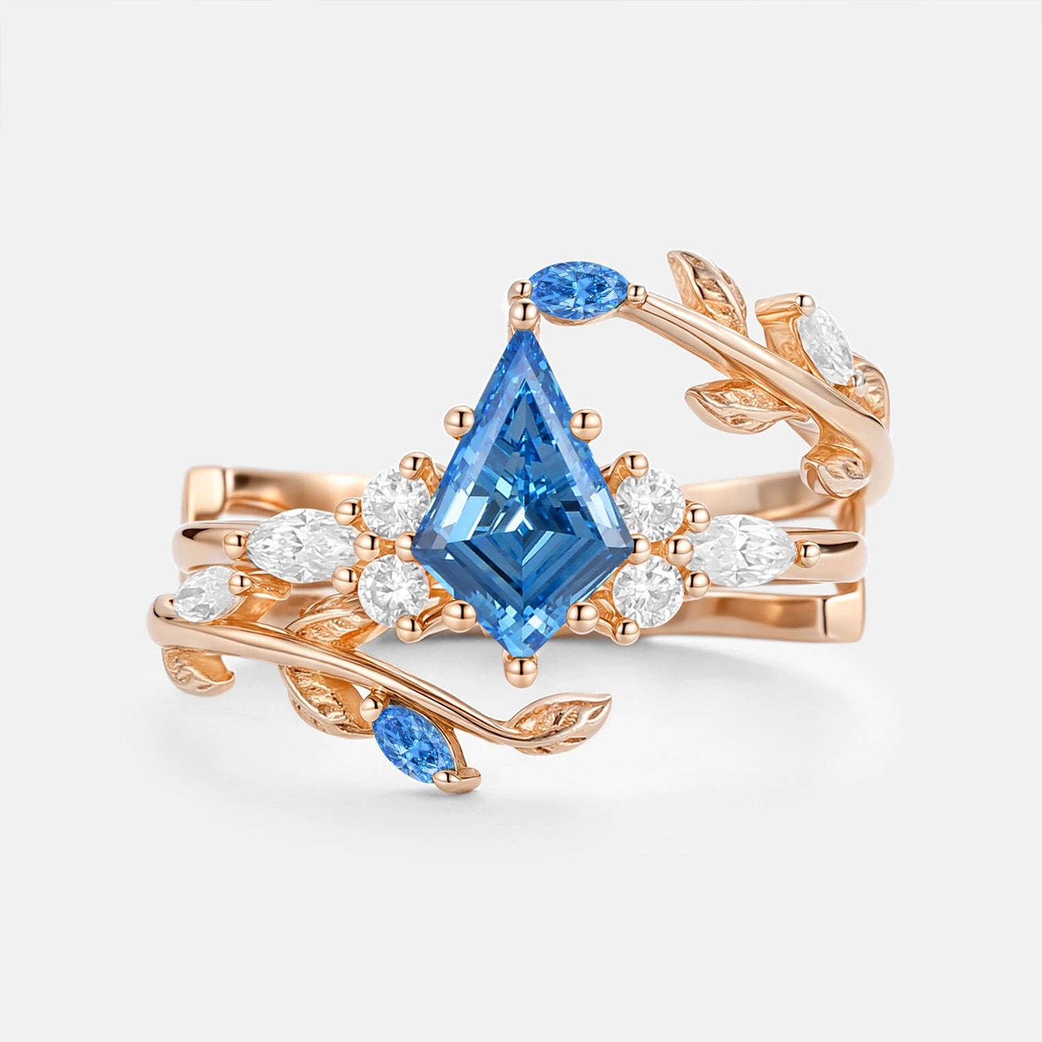 Kite Cut Blue Lab Grown Diamond Leafy Cage Ring Set - Vern Cool Layer Gleaming Edge