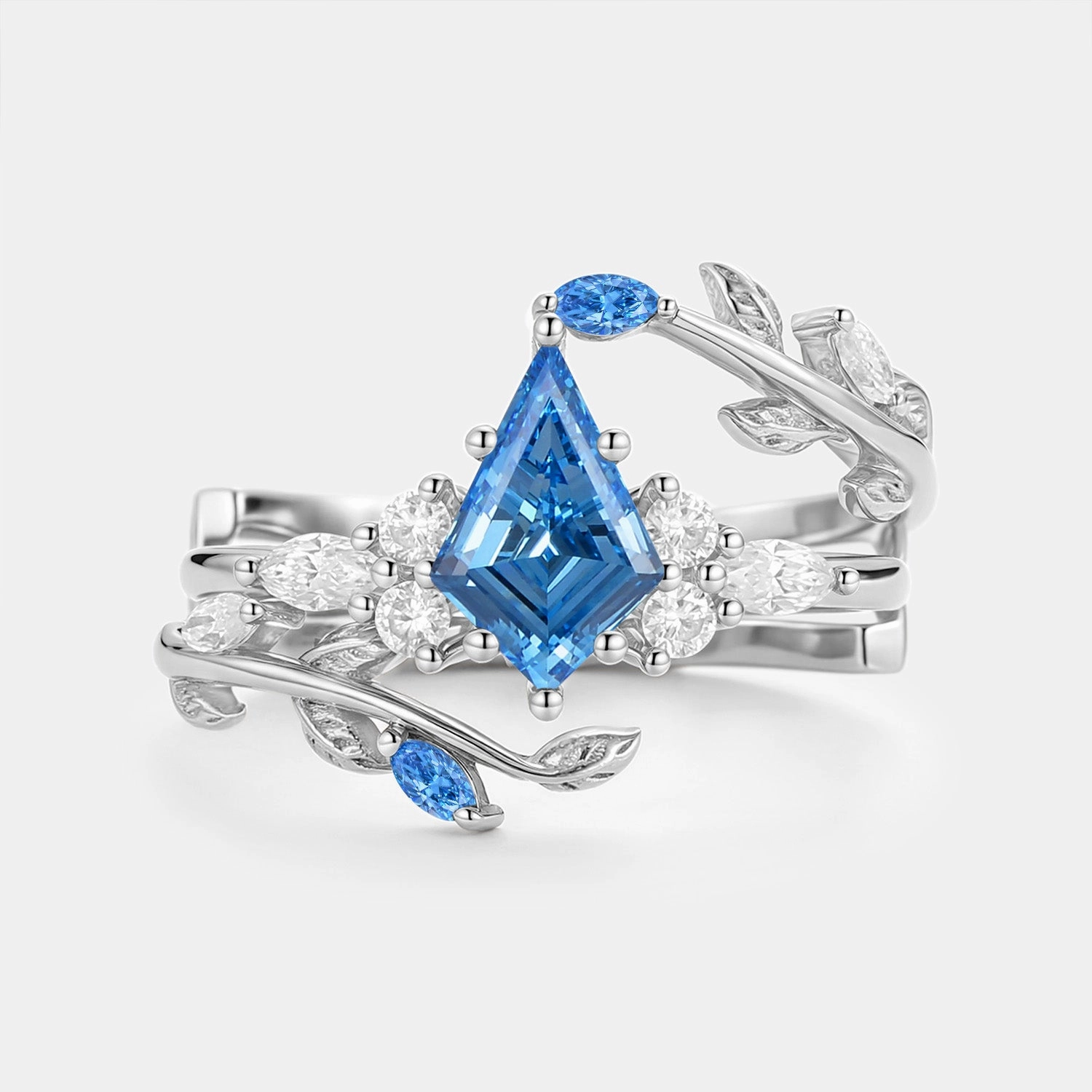 Timeless Mood Chic Form Kite Cut Blue Lab Grown Diamond Leafy Cage Ring Set - Vern