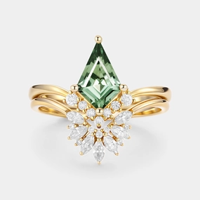 Sunlight Shine Kite Cut Lab Green Sapphire Cluster Engagement Ring Set 2pcs - Vane