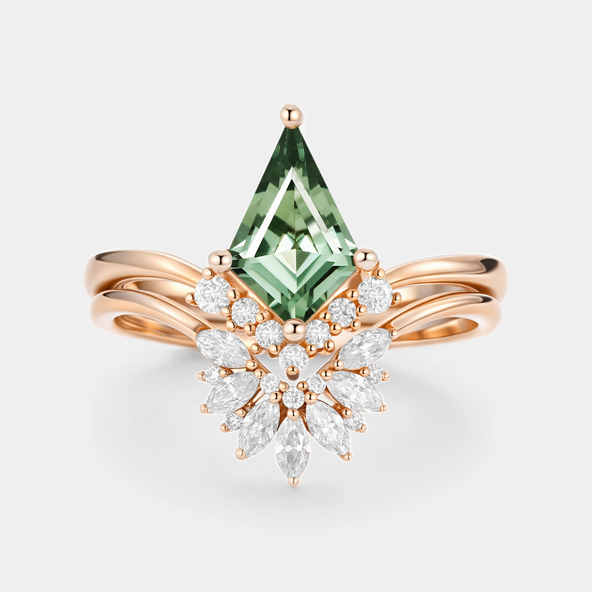 Stylish Twist Stylish Choice Kite Cut Lab Green Sapphire Cluster Engagement Ring Set 2pcs - Vane