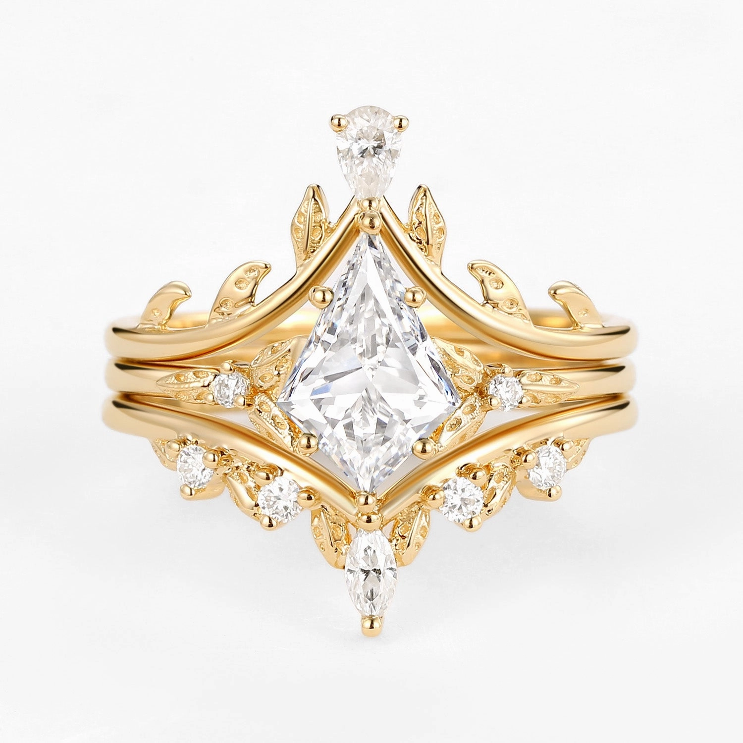 Seasonal Sparkle Kite Cut Lab Grown Diamond Leafy Engagement Ring Set 3pcs