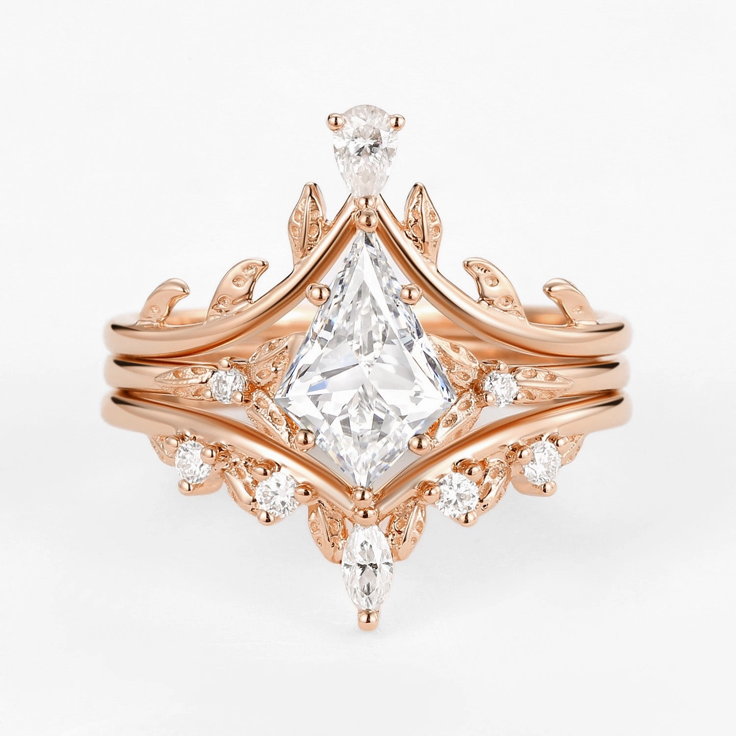 Kite Cut Lab Grown Diamond Leafy Engagement Ring Set 3pcs Monochrome Look