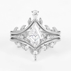 Kite Cut Moissanite Leafy Engagement Ring Set 3pcs Wedding Ensemble Delicate Charm