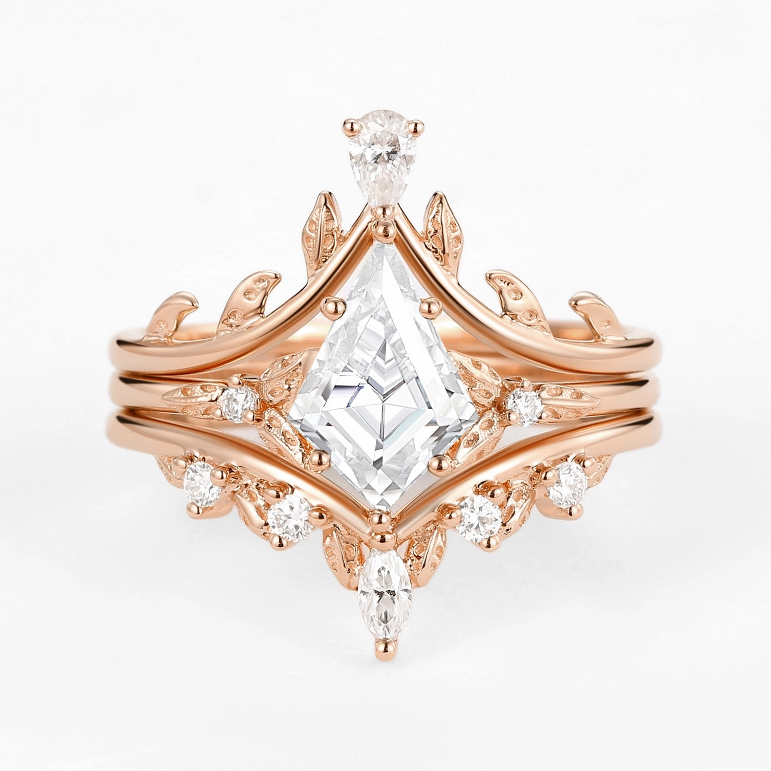 Kite Cut Moissanite Leafy Engagement Ring Set 3pcs Instant Edge