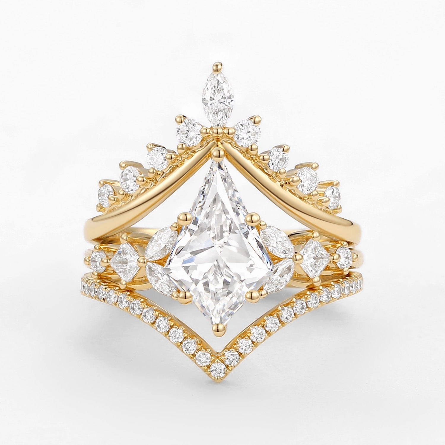 Kite Cut Moissanite Stacking Luxurious Engagement Bridal Set 3pcs - Amelia Trendy Design