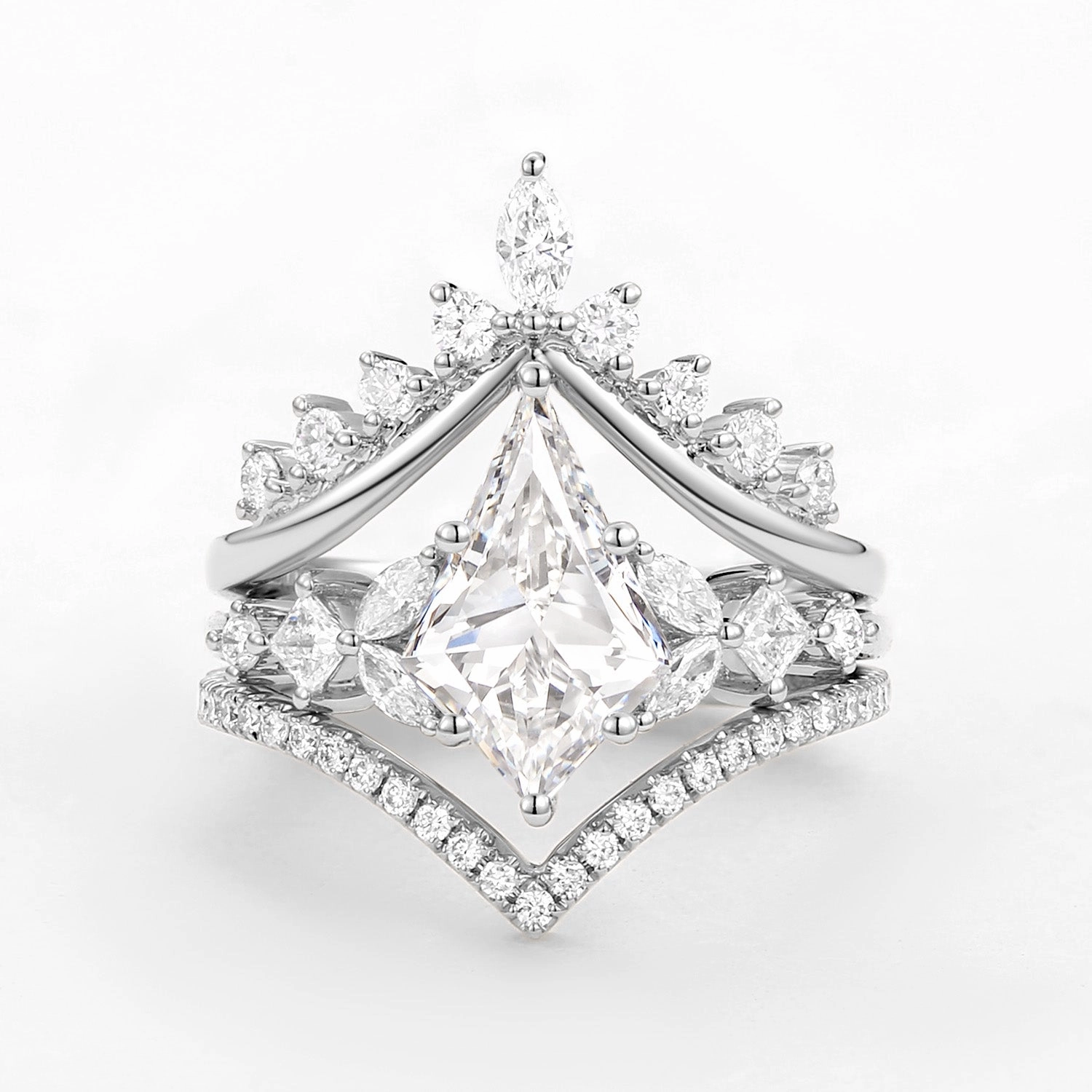 Kite Cut Moissanite Stacking Luxurious Engagement Bridal Set 3pcs - Amelia Vibrant Finish