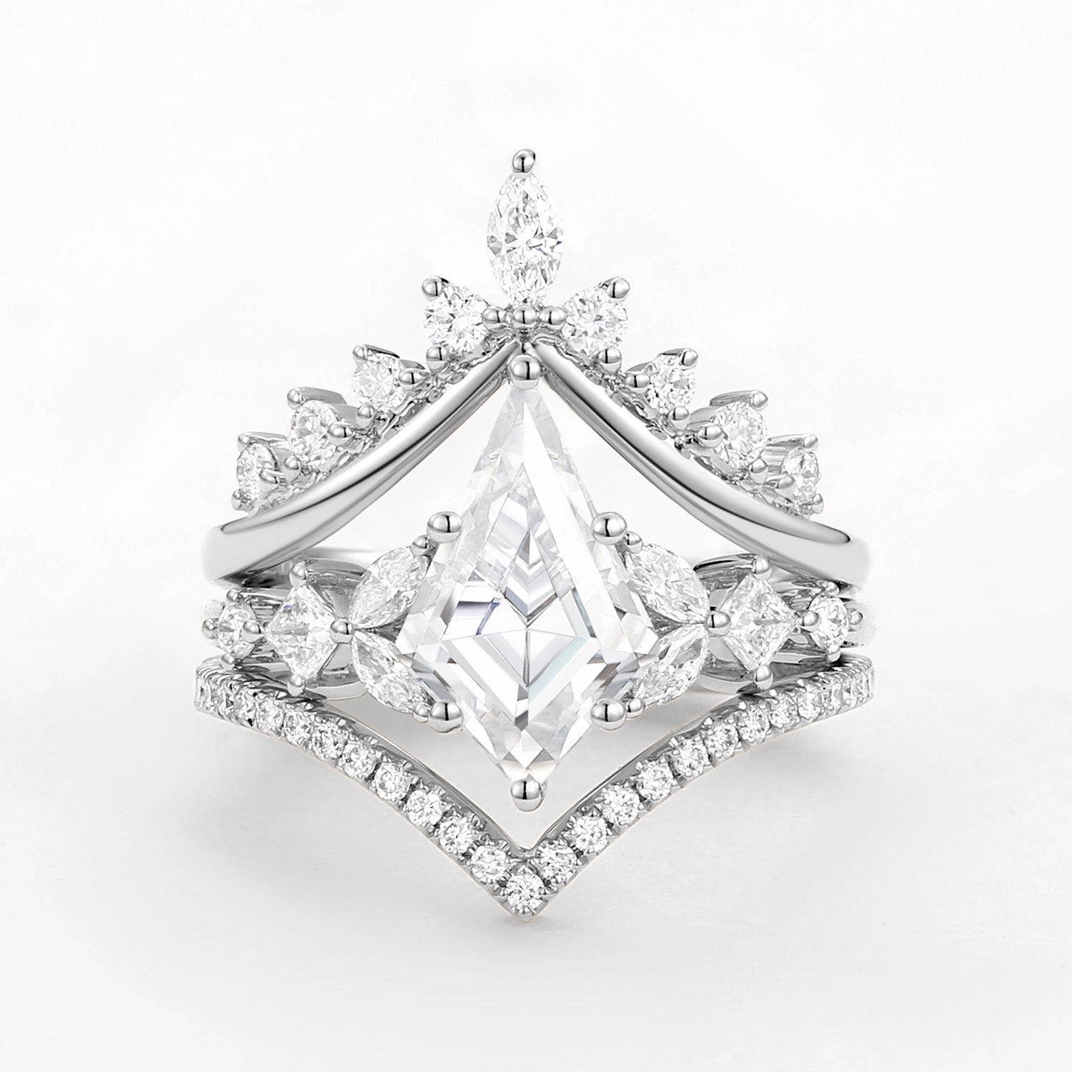 Kite Cut Moissanite Stacking Luxurious Engagement Bridal Set 3pcs - Amelia Dazzling Piece Romantic Accent