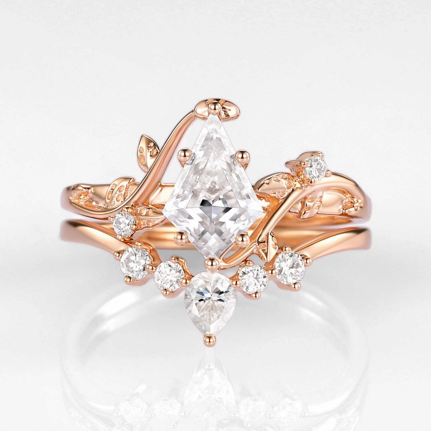 Bright Finish Trendy Design Kite Cut Moissanite Vine Engagement Ring Set 2pcs - Willow