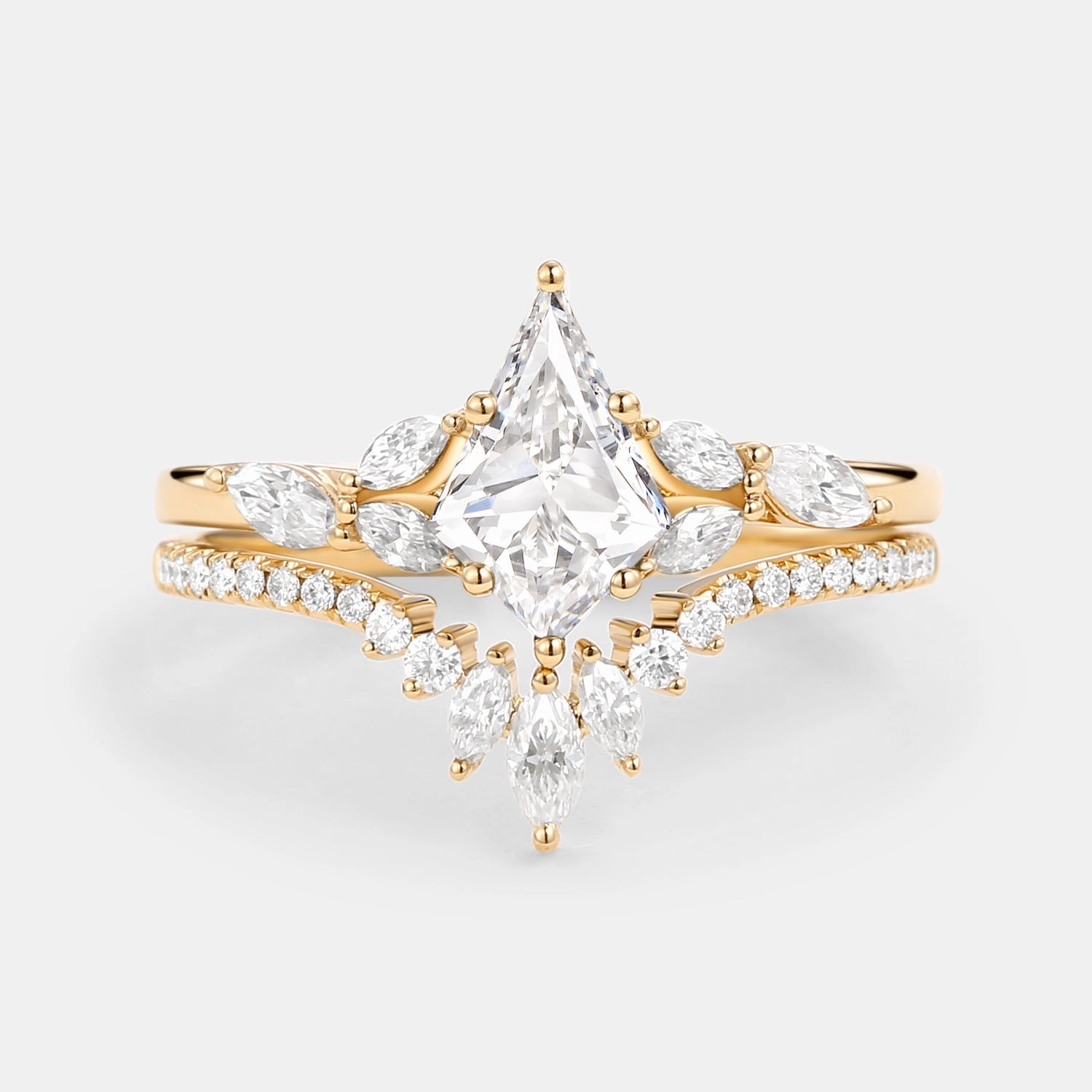 Model Ready Kite Cut Moissanite White Gold Engagement Ring Set 2pcs - July