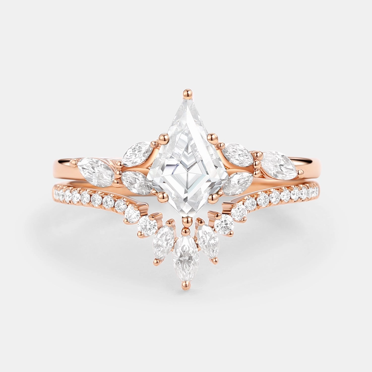 Kite Cut Moissanite White Gold Engagement Ring Set 2pcs - July Delicate Mood