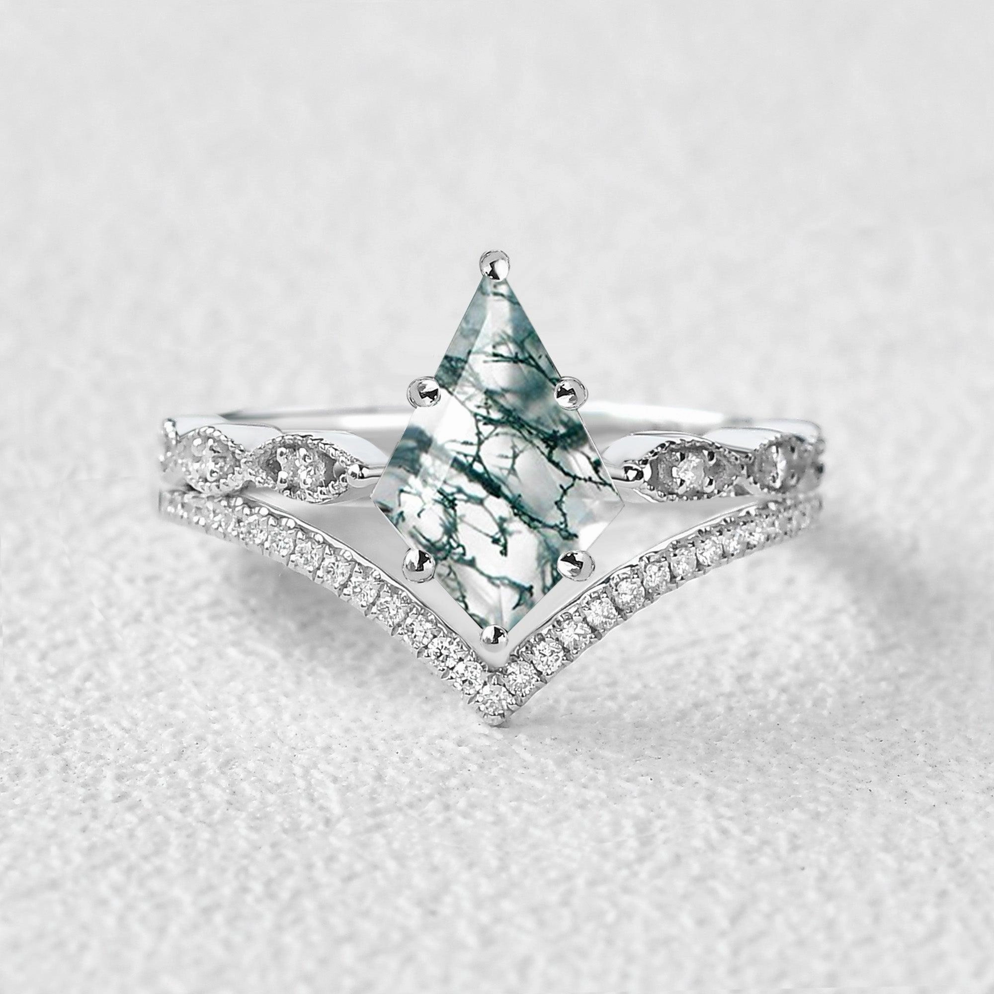 Luminous Edge Kite Cut Moss Agate Art-Deco Engagement Ring Set 2pcs