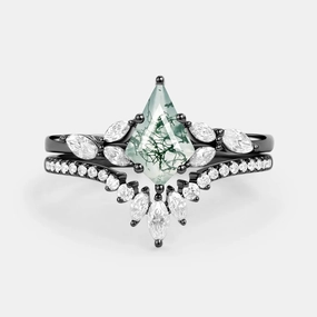 Bright Glow Boho Charm Kite Cut Moss Agate Black Gold Engagement Ring Set 2pcs - July