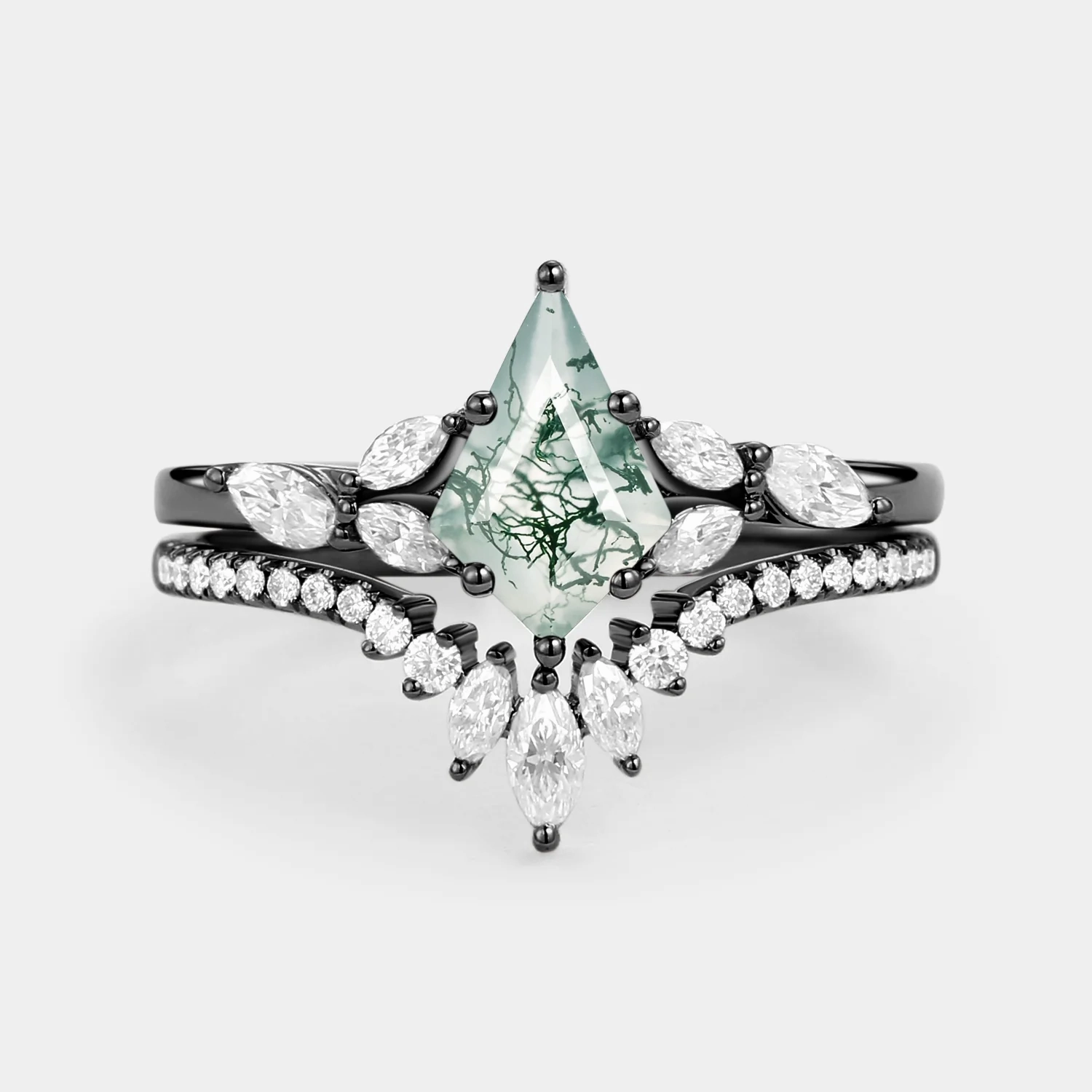 Textured Finish Glimmer Accent Kite Cut Moss Agate Black Gold Engagement Ring Set 2pcs - July