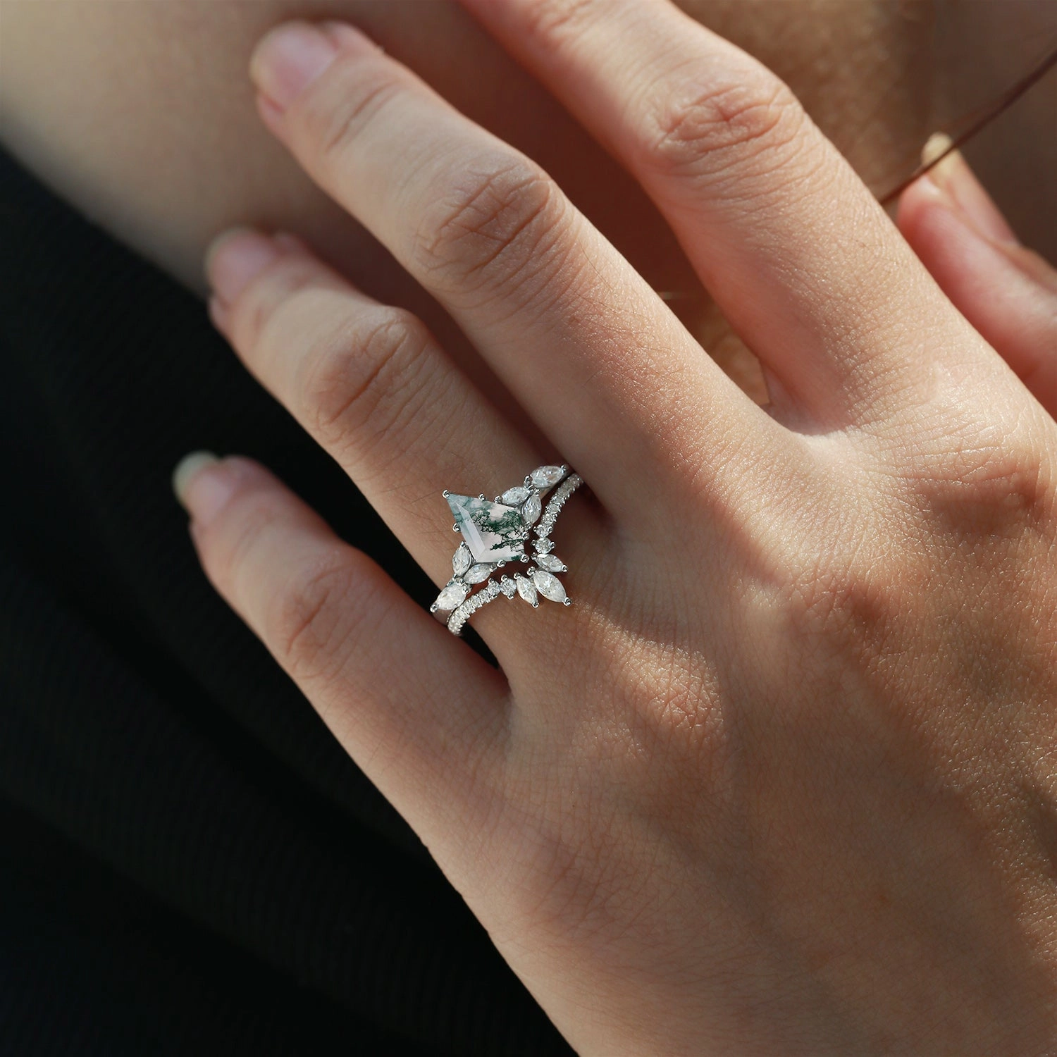 Kite Cut Moss Agate Black Gold Engagement Ring Set 2pcs - July Graceful Flow Handcrafted Finish