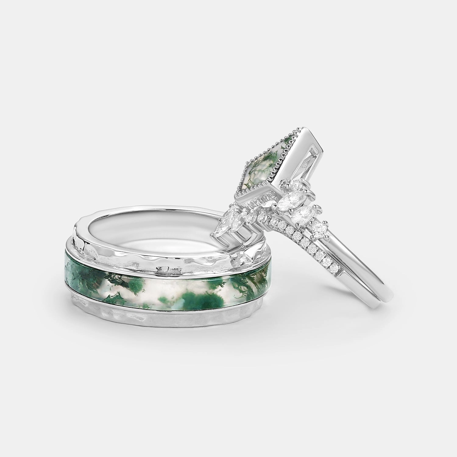 Romantic Layer Kite Cut Moss Agate Cluster Engagement Couple Ring Set 3pcs