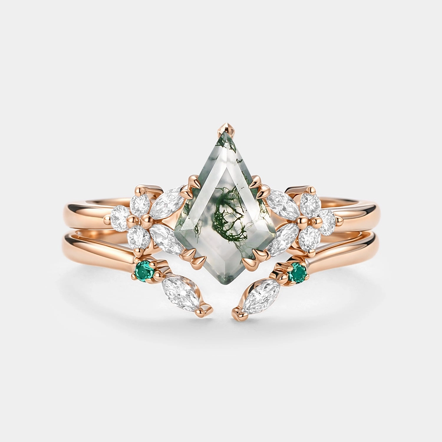 Natural Flow Kite Cut Moss Agate Cluster Engagement Ring Set 2pcs - Lumi
