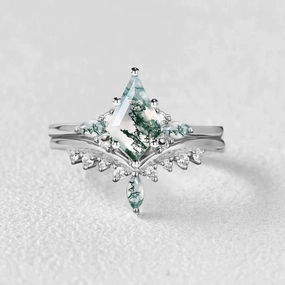 Luxury Feel Kite Cut Moss Agate Cluster Engagement Ring Sets 2pcs