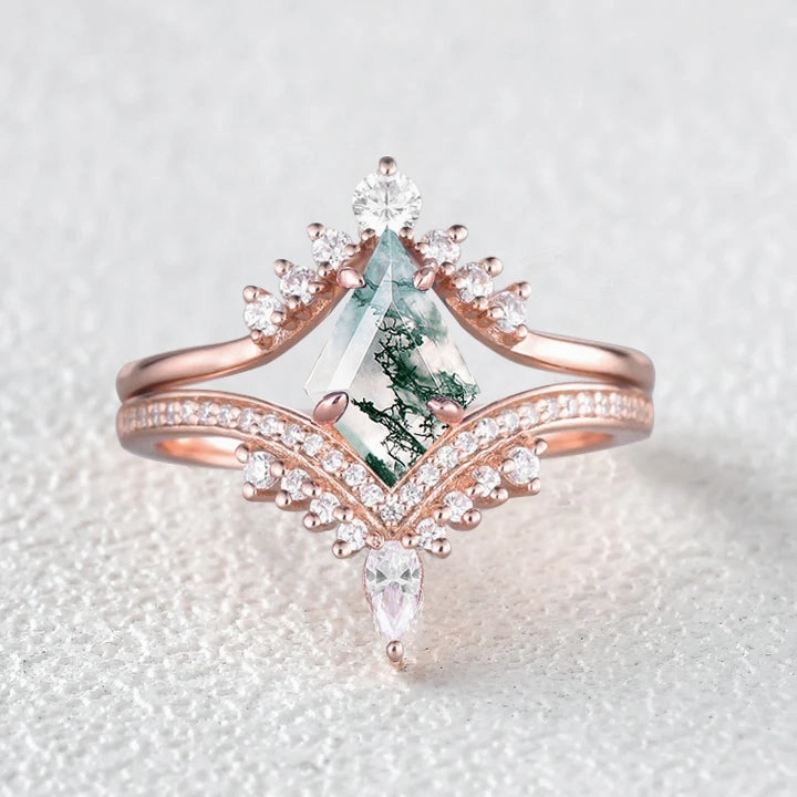 Kite Cut Moss Agate Deep V Chevron Engagement Ring Set 2pcs Vintage Style