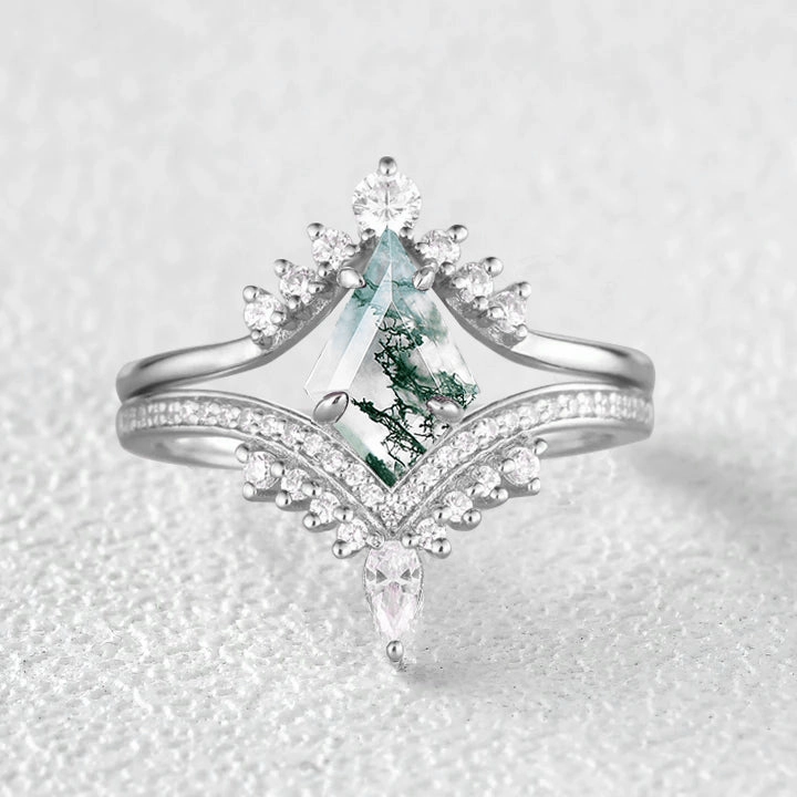 Fashionable Accent Kite Cut Moss Agate Deep V Chevron Engagement Ring Set 2pcs