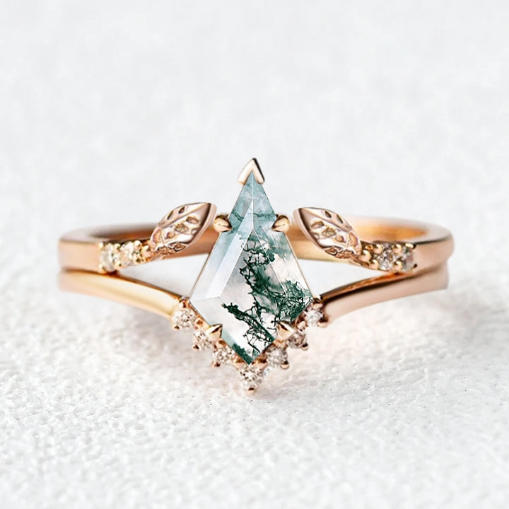 Minimal Style Kite Cut Moss Agate Gold Leafy Engagement Ring Sets 2pcs