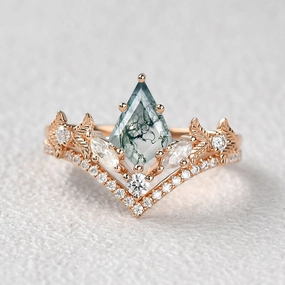Kite Cut Moss Agate Leafy Art-Deco Engagement Ring Set 2pcs Chic Day