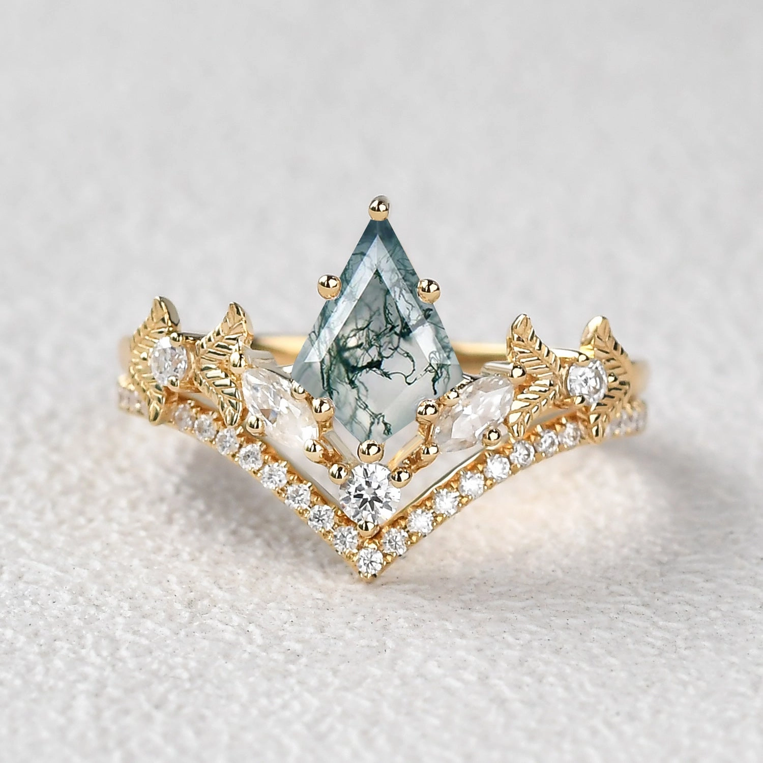 Formal Fashion Kite Cut Moss Agate Leafy Art-Deco Engagement Ring Set 2pcs