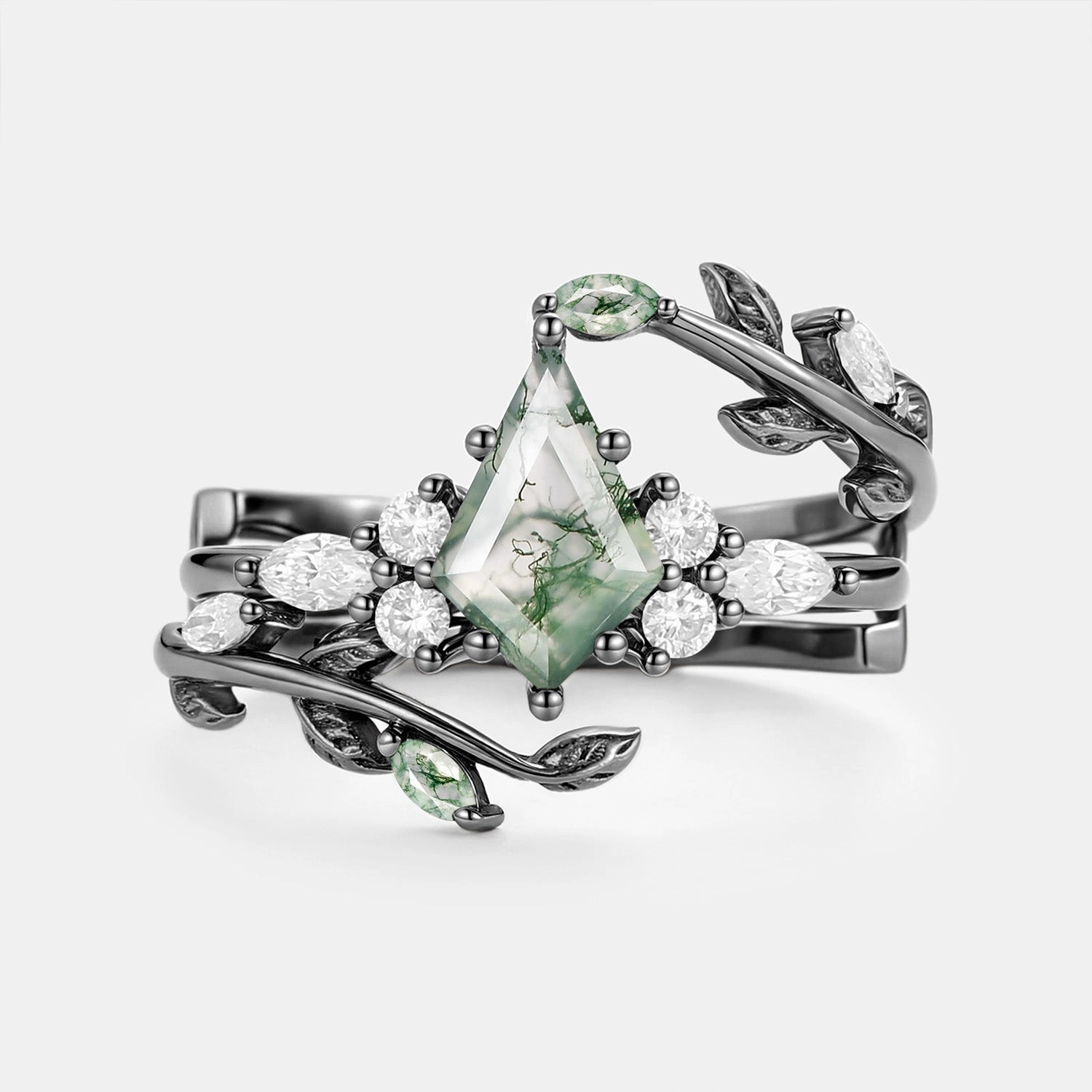 Crafted Accent Vogue Design Kite Cut Moss Agate Leafy Cage Engagement Ring Set 2pcs - Vern