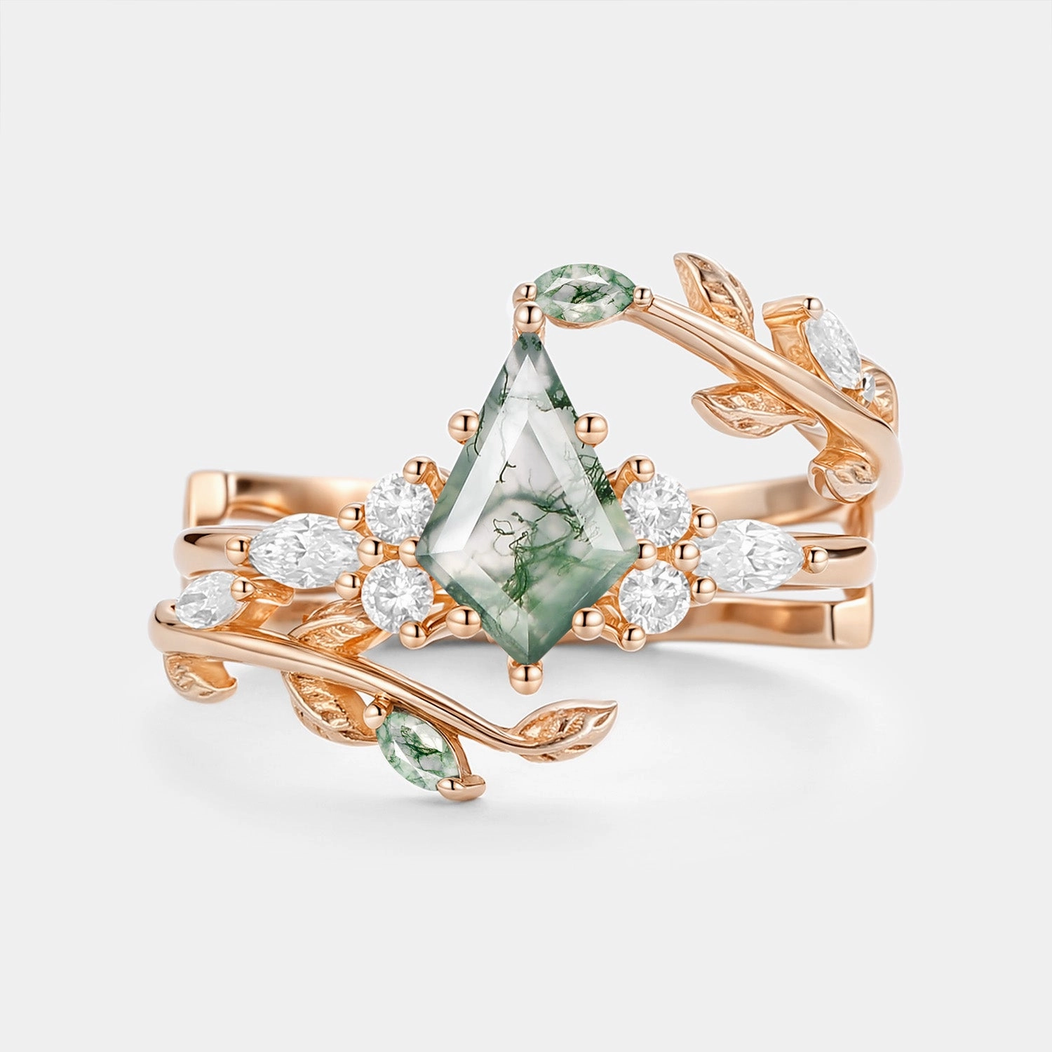 Kite Cut Moss Agate Leafy Cage Engagement Ring Set 2pcs - Vern Style Match