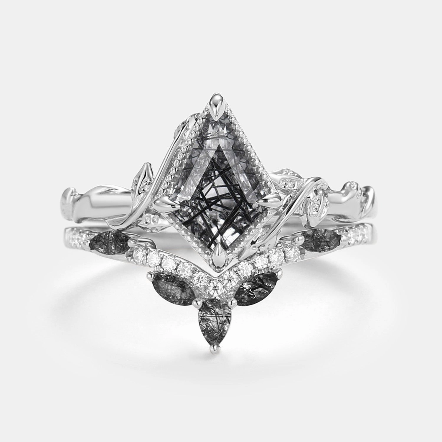 Kite Cut Moss Agate Leafy Engagement Ring Sets 2pcs - Lark Daily Fit