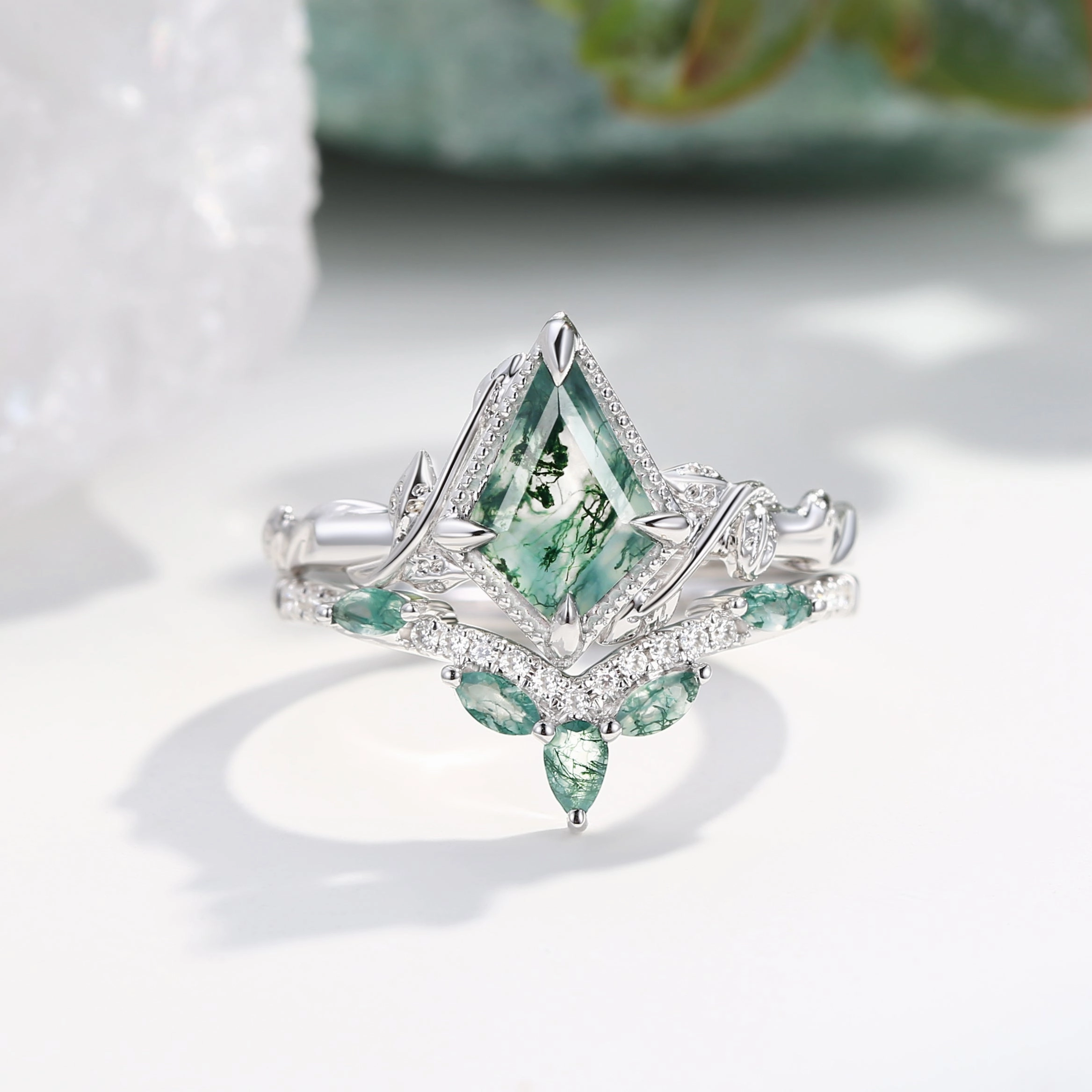 Refined Quality Accent Piece Kite Cut Moss Agate Leafy Engagement Ring Sets 2pcs - Lark