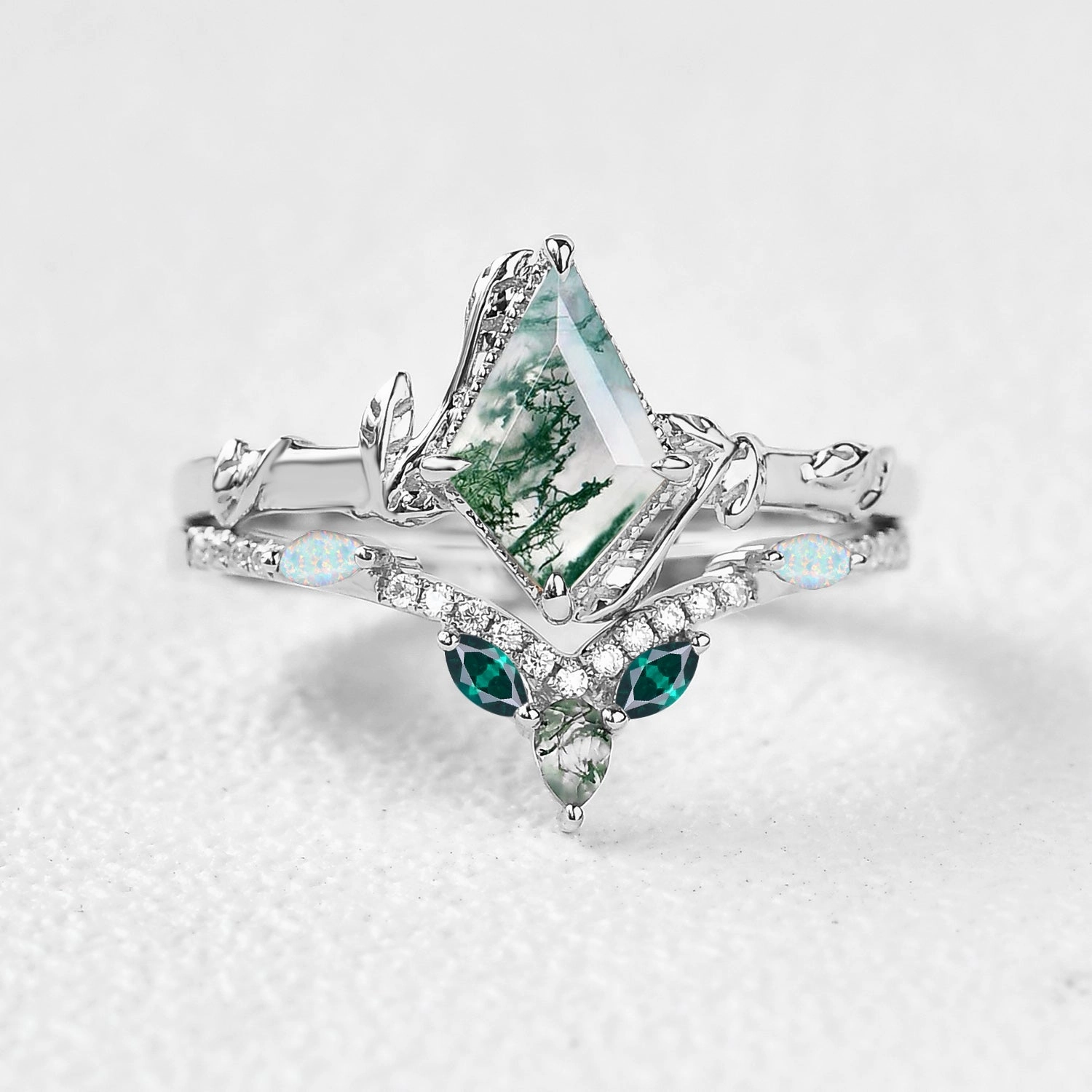 Kite Cut Moss Agate Leafy Opal & Emerald Engagement Ring Sets 2pcs - Lark Custom Shine