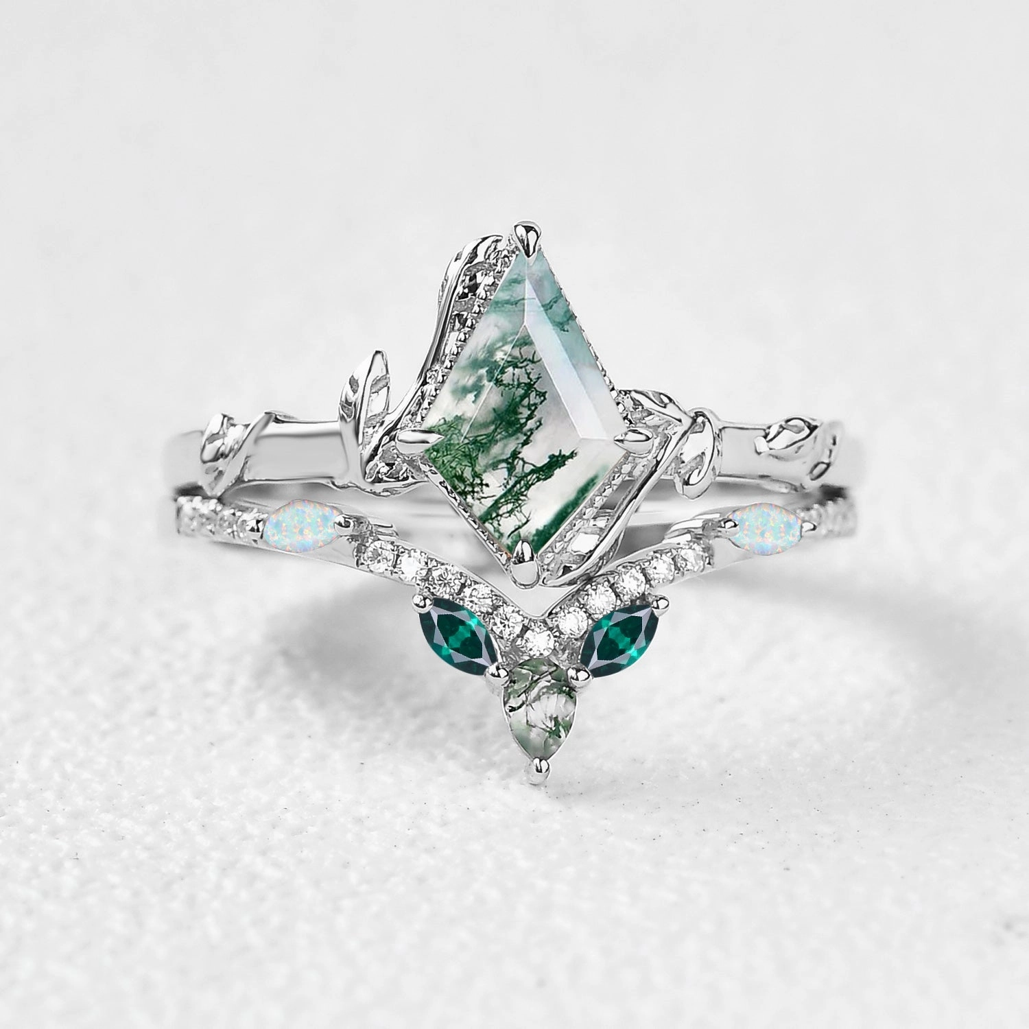 Kite Cut Moss Agate Leafy Opal & Emerald Engagement Ring Sets 2pcs - Lark Contemporary Detail Understated Detail
