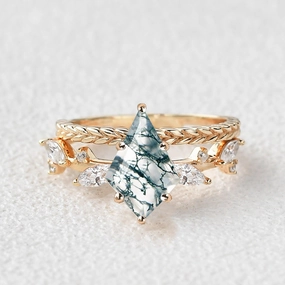 Kite Cut Moss Agate Leafy Vintage Engagement Ring Set 2pcs - Kelp Quiet Grace