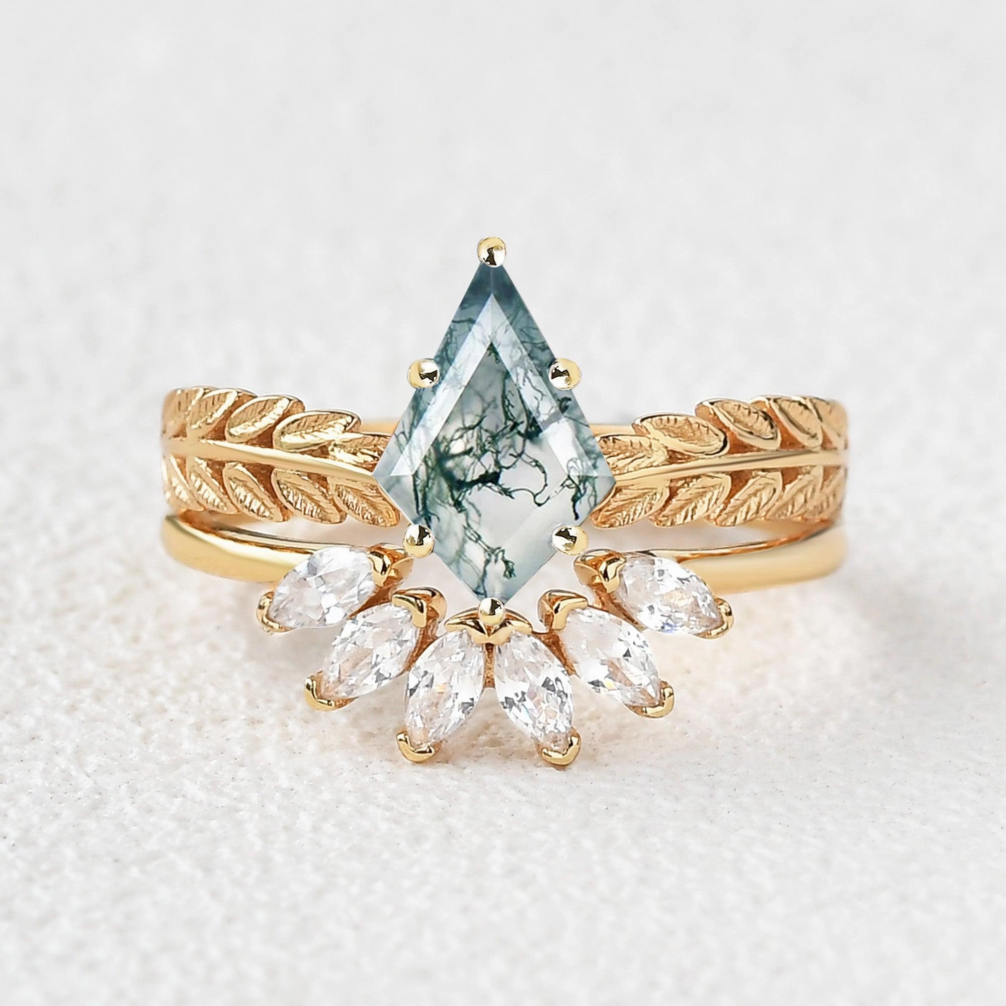 Edgy Light Kite Cut Moss Agate Leafy Wheat Ear Cluster Engagement Ring Set 2pcs