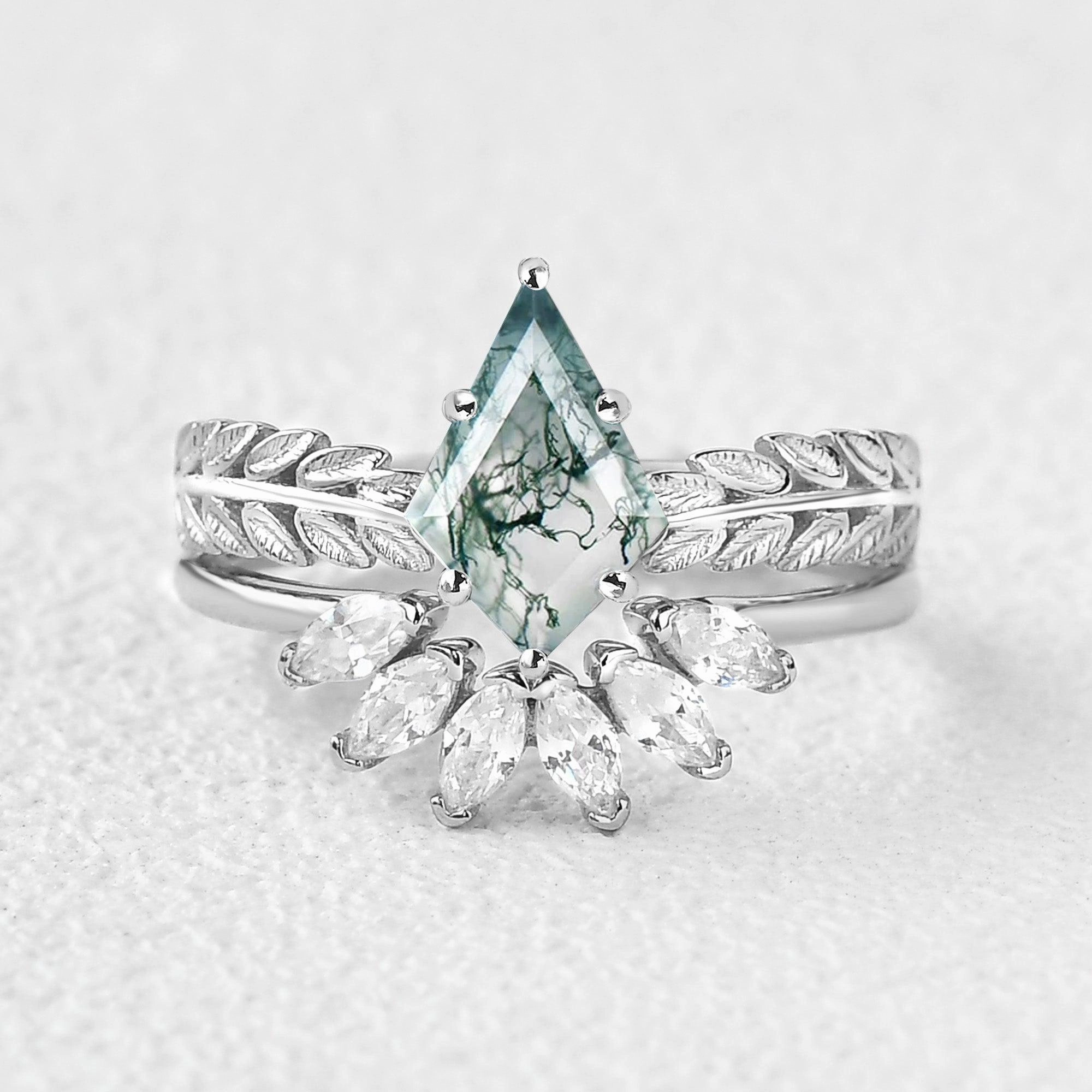 Glittering Sparkle Kite Cut Moss Agate Leafy Wheat Ear Cluster Engagement Ring Set 2pcs