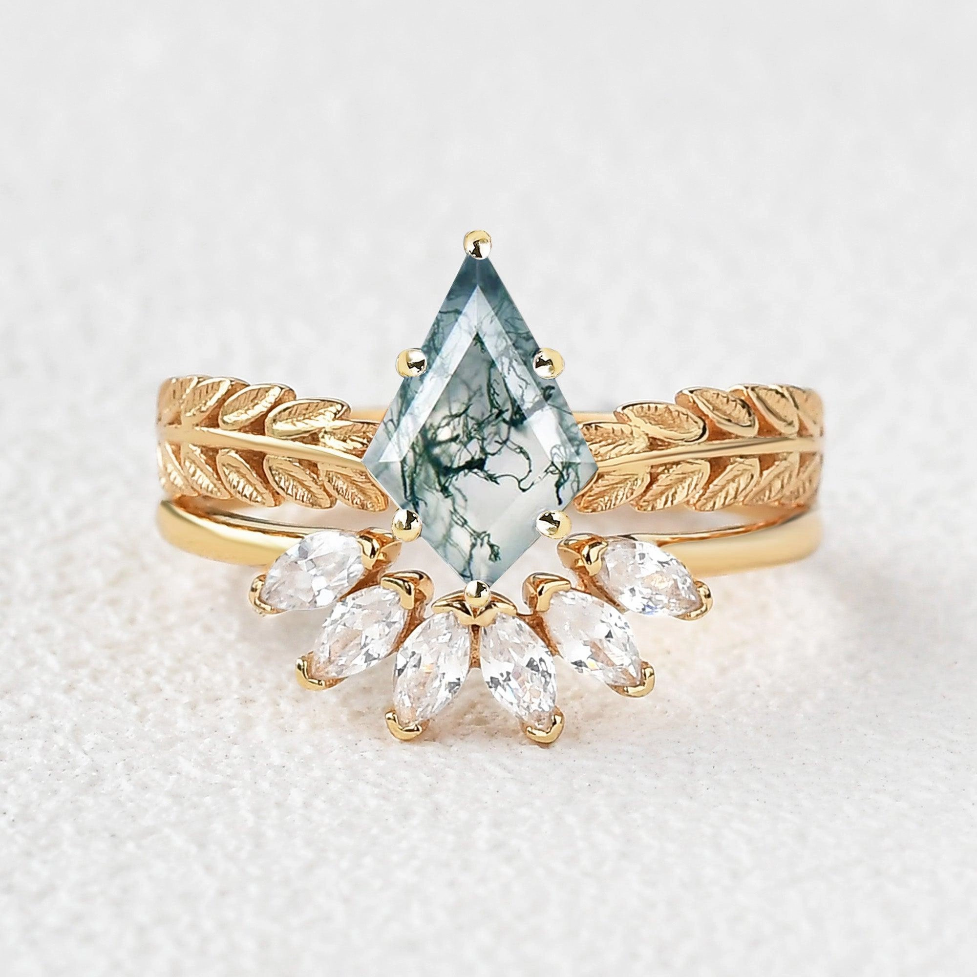 Kite Cut Moss Agate Leafy Wheat Ear Cluster Engagement Ring Set 2pcs Comfort Mood Quiet Glow