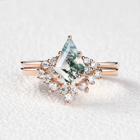 Kite Cut Moss Agate Pearl Engagement Ring Set 2pcs Chic Fit Layering Choice
