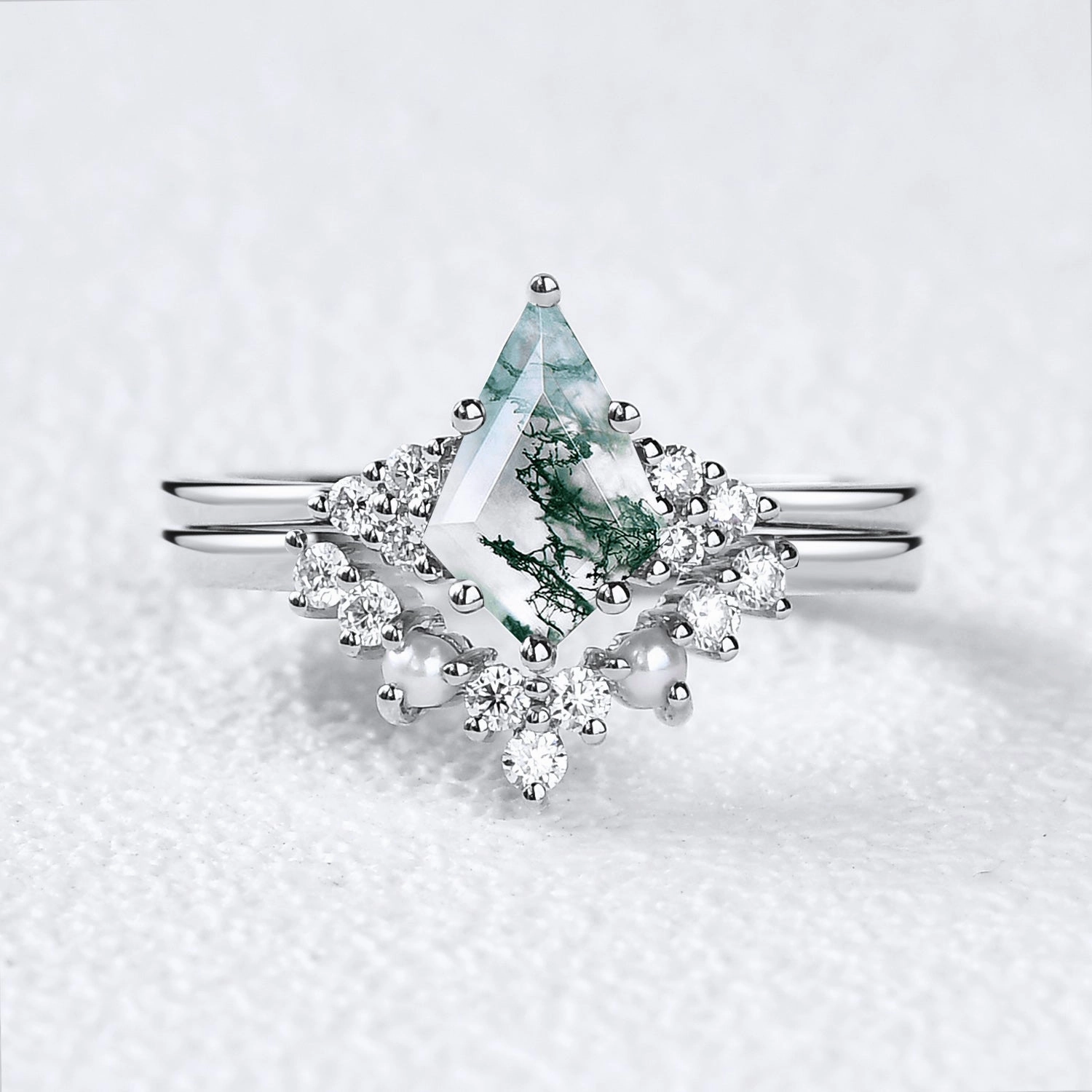 Evening Accent Kite Cut Moss Agate Pearl Engagement Ring Set 2pcs