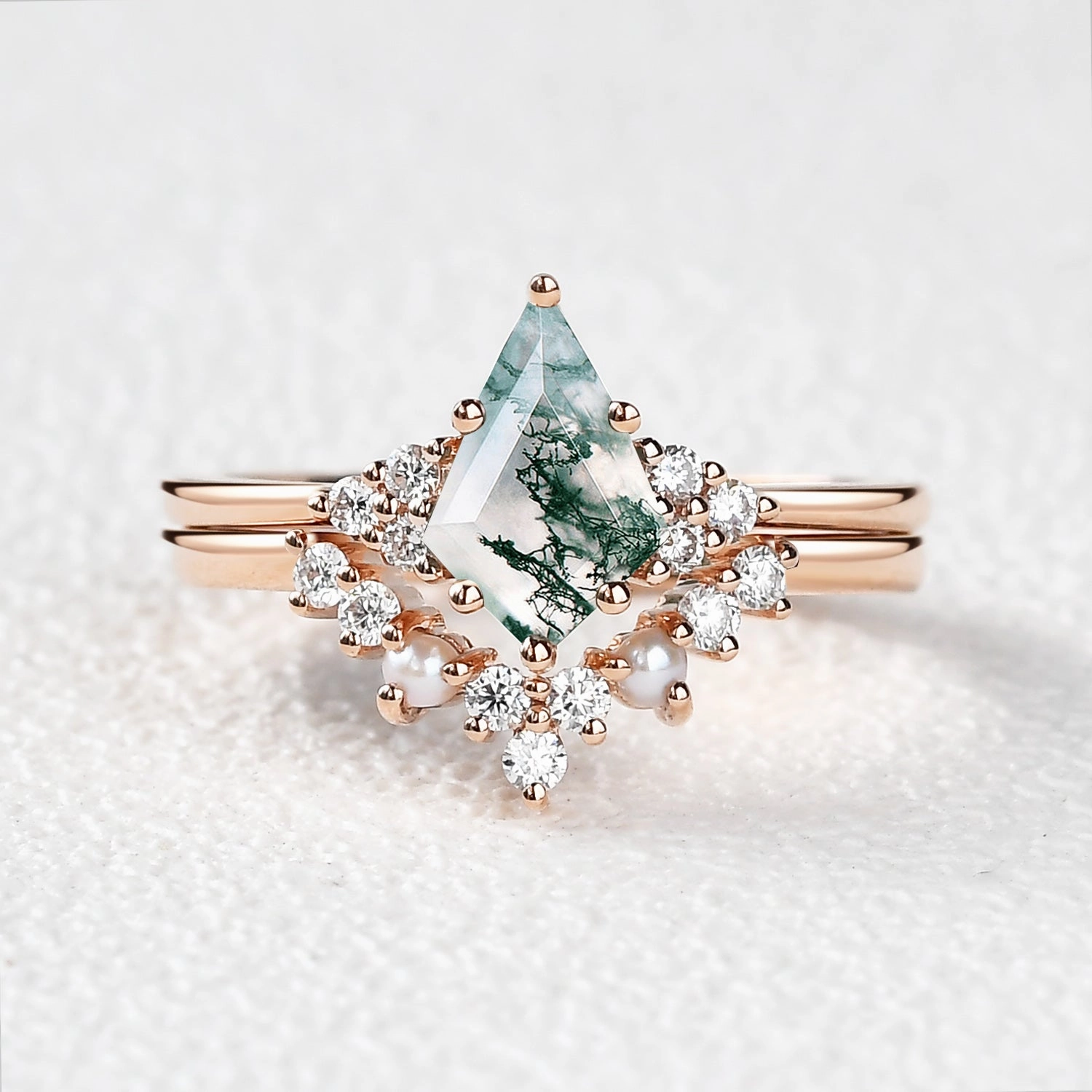 Kite Cut Moss Agate Pearl Engagement Ring Set 2pcs Chic Fit Layering Choice