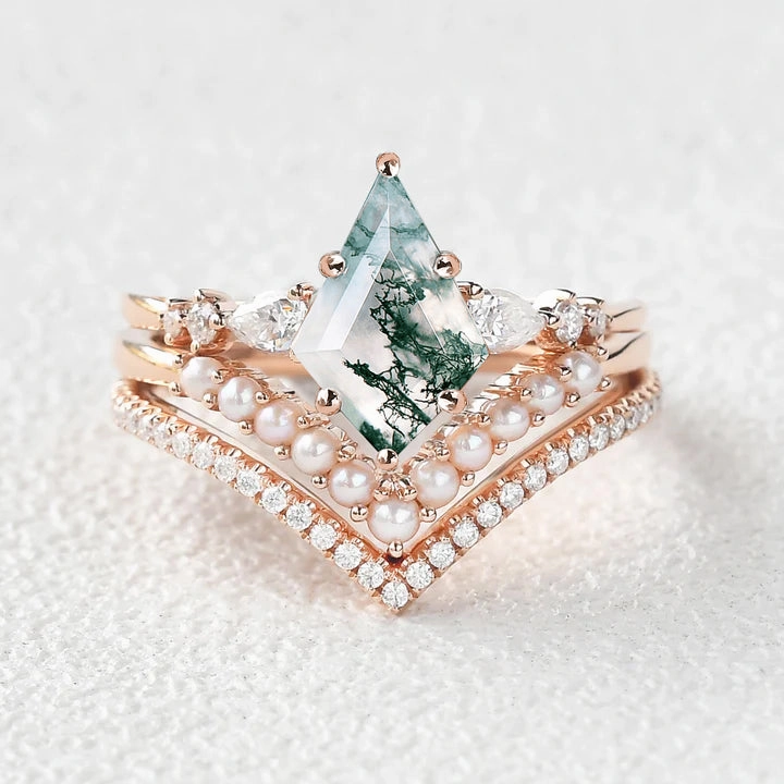 Party Favorite Kite Cut Moss Agate Pearl Stacking Engagement Bridal Set 3pcs