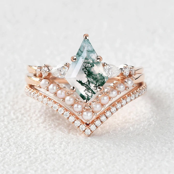 Radiant Sparkle Kite Cut Moss Agate Pearl Stacking Engagement Bridal Set 3pcs