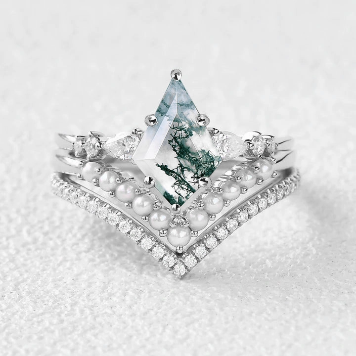 Kite Cut Moss Agate Pearl Stacking Engagement Bridal Set 3pcs Elegant Pieces