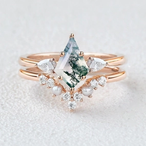 Daily Details Sharp Silhouette Kite Cut Moss Agate Pearl Stacking Engagement Ring Set 2pcs